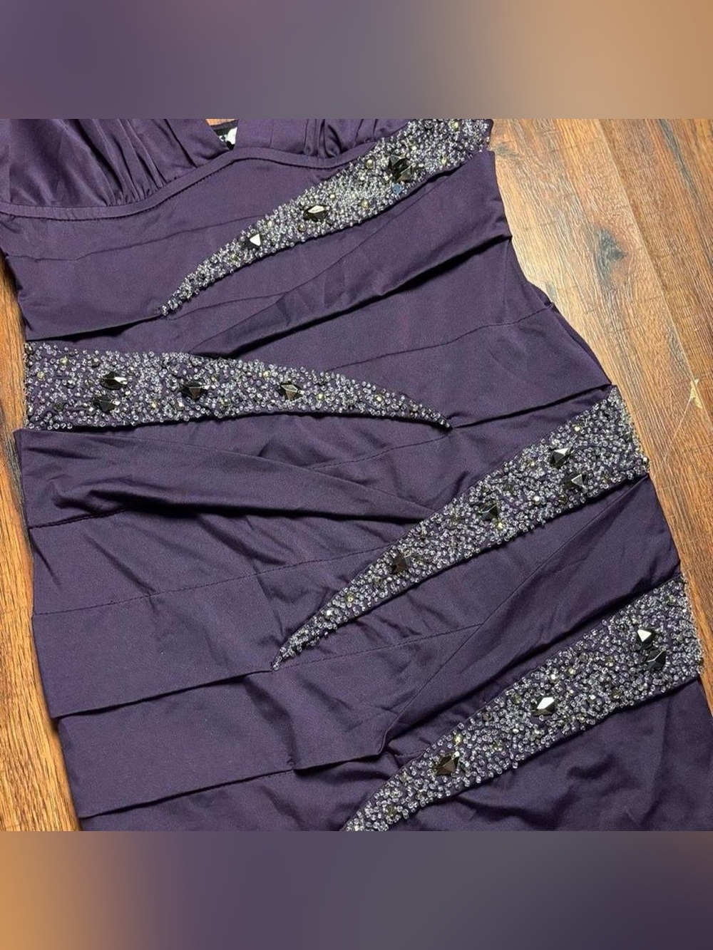 NIKIBIKI Purple Satin Bandage Dress W Silver Beaded Panels - Picture 4 of 8